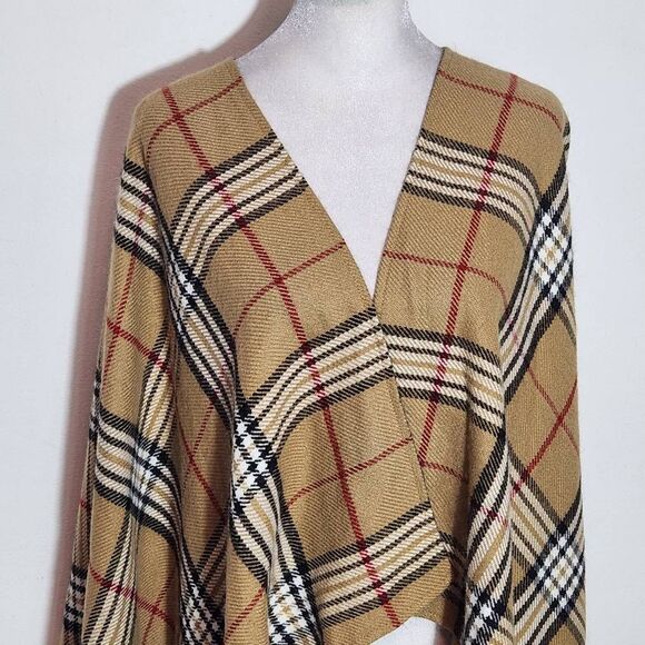 V. Fraas Tan Plaid Wrap One Size Tan, Black and Red Winter Wrap - Picture 3 of 9